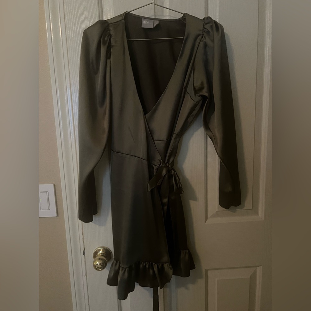 ASOS olive green wrap ruffle satin Dress